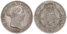 Elisabeth II. 20 Reales. 1850. MADRID. C.L. 25,80 grs. (Golpecitos, rayitas y gráfila rebajada en reverso a las 12h). Cal-170. MBC/MBC-.