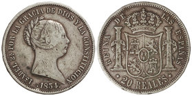 Elisabeth II. 20 Reales. 1854. MADRID. 25,59 grs. (Golpecitos). Pátina. Cal-174. MBC/MBC-.