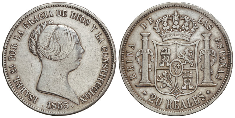 Elisabeth II. 20 Reales. 1855. MADRID. 25,85 grs. (Golpecitos en canto). Cal-175...