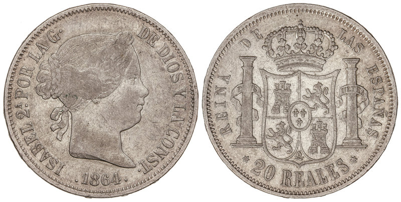 Elisabeth II. 20 Reales. 1864. MADRID. 26,10 grs. Cal-186. MBC/MBC+.