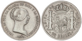 Elisabeth II. 20 Reales. 1855. SEVILLA. 25,70 grs. (Limpiada y golpecitos) . Cal-193. MBC.