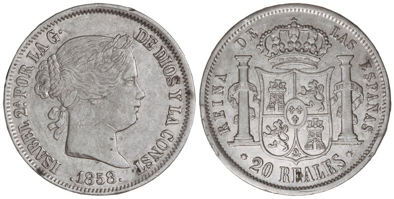 Elisabeth II. 20 Reales. 1858. SEVILLA. 25,78 grs. (Golpecitos en canto y rayita...