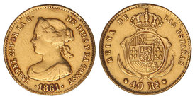 Elisabeth II. 40 Reales. 1861. MADRID. 3,34 grs. (Descolgada). MUY ESCASA. Cal-102. MBC-.