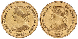 Elisabeth II. Lote 2 monedas 40 Reales. 1863. MADRID. A EXAMINAR. Cal-105. MBC a MBC+.