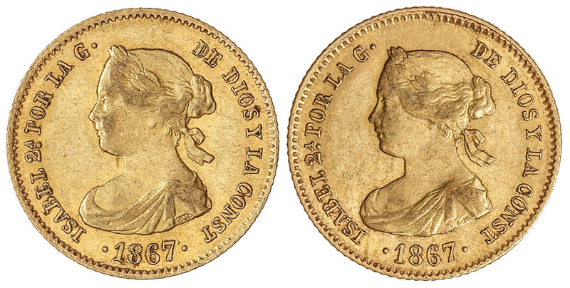 Elisabeth II. Lote 2 monedas 4 Escudos. 1867. MADRID. A EXAMINAR. Cal-111. MBC+.