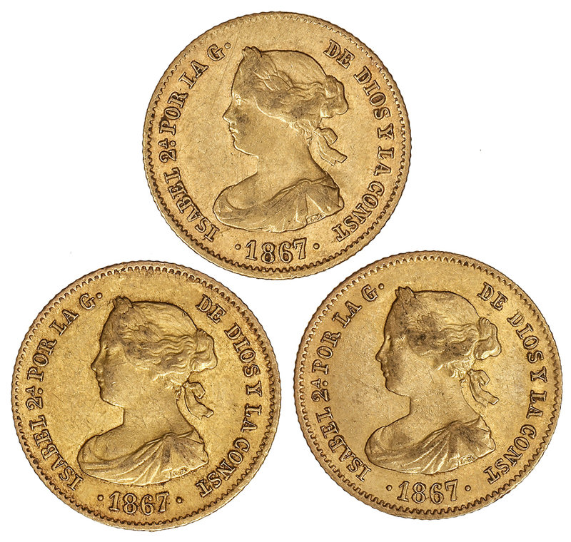 Elisabeth II. Lote 3 monedas 4 Escudos. 1867. MADRID. A EXAMINAR. Cal-111. MBC+.