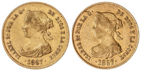 Elisabeth II. Lote 2 monedas 4 Escudos. 1867. MADRID. (Una con rayas en anverso). A EXAMINAR. Cal-111. MBC a MBC+.