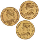 Elisabeth II. Lote 3 monedas 4 Escudos. 1867. MADRID. (Alguna con hojitas). A EXAMINAR. Cal-111. MBC a MBC+.