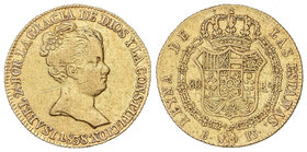 Elisabeth II. 80 Reales. 1838. BARCELONA. P.S. 6,73 grs. Final leyenda anverso CONSTITUCIÓN. (Rayitas en anverso). Cal-52. MBC.