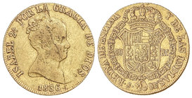 Elisabeth II. 80 Reales. 1836. SEVILLA. D.R. 6,70 grs. (Rayitas y hoja en anverso). Cal-84. (MBC-/MBC).