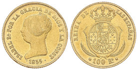Elisabeth II. 100 Reales. 1855. BARCELONA. 8,30 grs. (Limpiada. Golpecitos en canto). Cal-8. MBC+.
