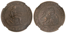 5 Céntimos. 1870. BARCELONA. O.M. Encapsulada por NN Coins como AU 50 (nº 2762877-039). EBC-.