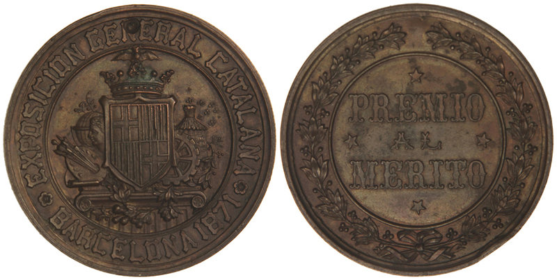 Medalla. 1871. BARCELONA. Anv.: EXPOSICIÓN GENERAL CATALANA. Rev.: PREMIO / AL /...