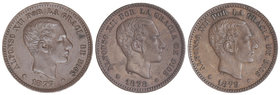 Lote 3 monedas 5 Céntimos. 1877, 1878 y 1879. BARCELONA. O.M. A EXAMINAR. EBC- a EBC.