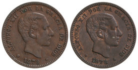 Lote 2 monedas 5 Céntimos. 1878 y 1879. BARCELONA. O.M. A EXAMINAR. EBC y EBC-.