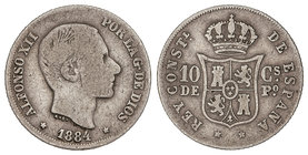10 Centavos de Peso. 1884. MANILA. ESCASA. BC+/MBC-.