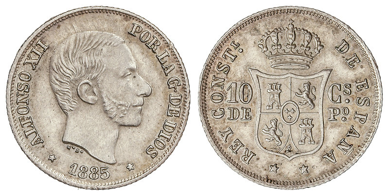 10 Centavos de Peso. 1885. MANILA. (Levísimo golpecito en canto). Brillo origina...