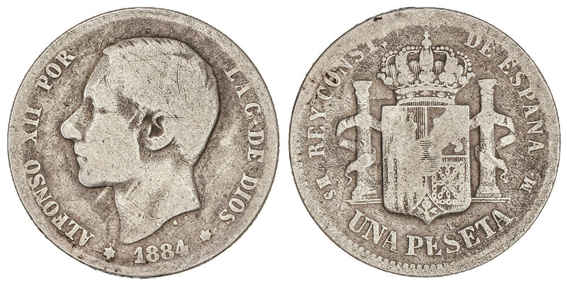 1 Peseta. 1884 (*_ - _ ). RARA. BC+.