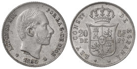 20 Centavos de Peso. 1885. MANILA. Parte de brillo original. EBC.