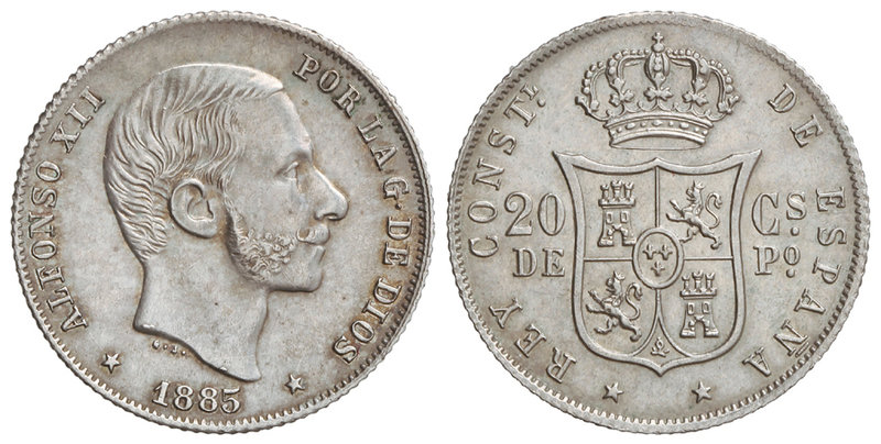 20 Centavos de Peso. 1885. MANILA. Restos de pátina. EBC.