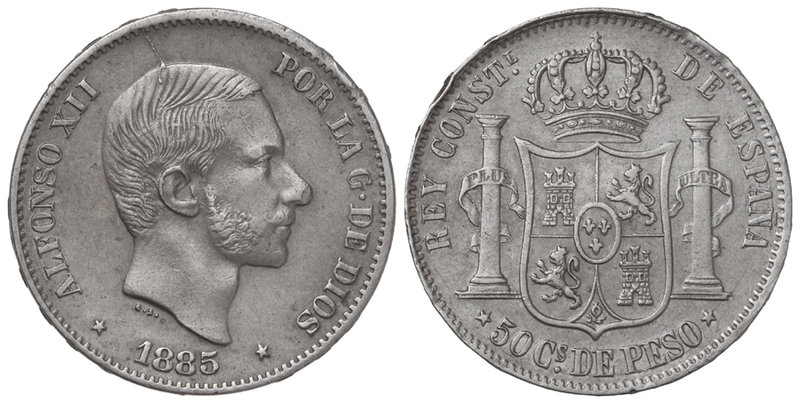 50 Centavos de Peso. 1885. MANILA. (Ligeros golpecitos en canto). MBC+.