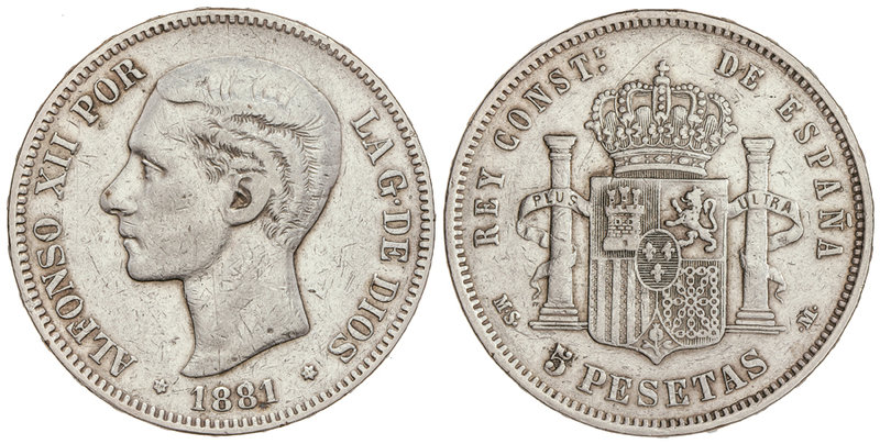5 Pesetas. 1881 (*18-81). M.S.-M. (Rayitas). MBC-.