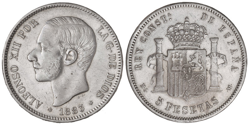 5 Pesetas. 1883 (*18-83). M.S.-M. (Limpiada. Golpecitos). MBC+.