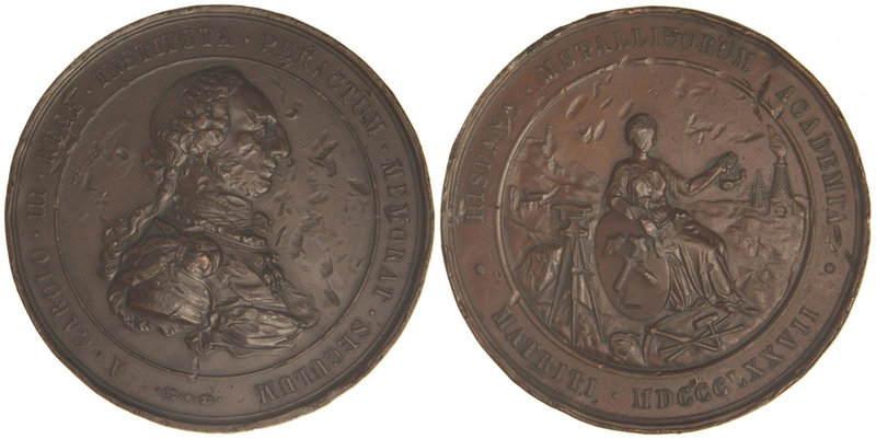 Medalla Centenario Academia de la Minería. 1877. Anv.: A CAROLO III REGE INSTITV...