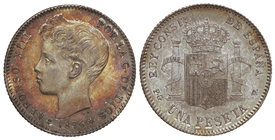 1 Peseta. 1896 (*18-96). P.G.-V. (Leves marcas de sujeción en gráfila). Pátina irregular e irisada de monetario antiguo en anverso. EBC+/SC.
