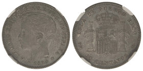 20 Centavos de Peso. 1895. PUERTO RICO. P.G.-V. AR. Encapsulada por NN Coins (nº 2762875-093) como MS 60. Pátina original oscura. EBC+.