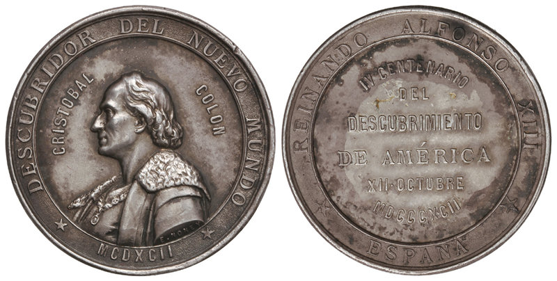 Medalla IV Centenario Descubrimiento de América. 1892. Anv.: Busto de Cristóbal ...