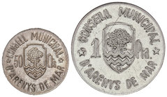 Serie 2 monedas 50 Cèntims y 1 Pesseta. C.M. d´ARENYS DE MAR. Al. (La de 1 Pesseta con raya). HG-215/216. EBC.