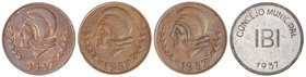 Serie 4 monedas 25 Céntimos (3) y 1 Peseta. 1937. C.M. de IBI. AE y latón niquelado. Serie completa con las 3 variantes de 25 Céntimos. Vti-L25/L27. M...