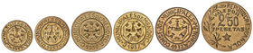 Serie 6 monedas 5 Céntimos a 2,50 Pesetas. 1937. C.M. de MENORCA. Latón. 25 Céntimos dos variantes: Una con 2 y 5 frutos en la rama de olivo, la otra ...