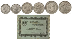 Estado Español. Serie 3 monedas 5, 25 y 50 Pesetas. 1957 (*BA). I Exposición Iberoamericana de Numismática y Medallística, Barcelona 1958. Con entrada...