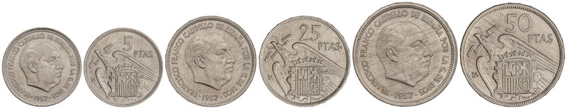 Estado Español. Serie 3 monedas 5, 25 y 50 Pesetas. 1957 (*BA). I Exposición Ibe...