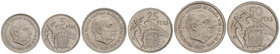 Estado Español. Serie 3 monedas 5, 25 y 50 Pesetas. 1957 (*BA). I Exposición Iberoamericana de Numismática y Medallística, Barcelona 1958. (Leves rayi...