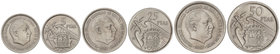 Estado Español. Serie 3 monedas 5, 25 y 50 Pesetas. 1957 (*BA). I Exposición Iberoamericana de Numismática y Medallística, Barcelona 1958. MBC+.
