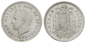 Juan Carlos I. 1 Peseta. 1975 (*19-80). 4,20 grs. AR. ERROR: Acuñación en cospel de plata. (Ligera mancha en parte inferior izquierda de anverso). JBM...