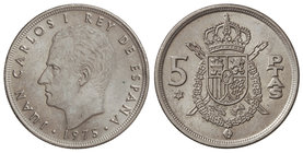Juan Carlos I. 5 Pesetas. 1975 (*77). 5,90 grs. ERROR: Reverso girado 30º aproximadamente. JBM-36.4.2. SC .