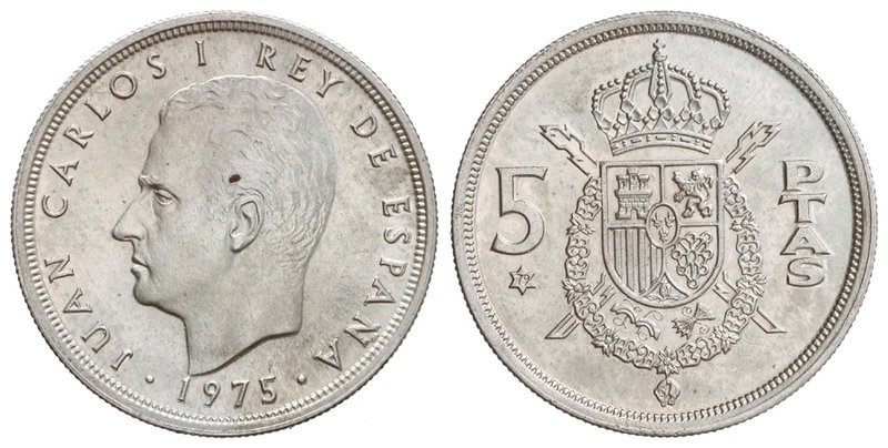 Juan Carlos I. 5 Pesetas. 1975 (*79). 7,50 grs. AR. ERROR: Acuñación en cospel d...