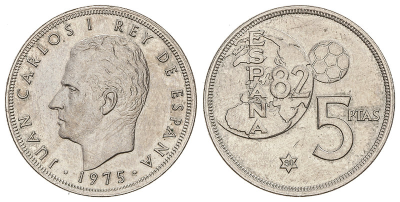 Juan Carlos I. 5 Pesetas. 1975 (*80). ERROR del Mundial. HG-388a. EBC.