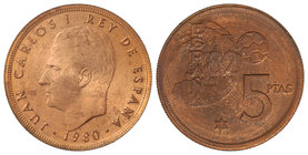 Juan Carlos I. 5 Pesetas. 1980 (*80). 5,1 grs. AE. ERROR: Acuñación en cospel de cobre. JBM-41.3.2c. SC .