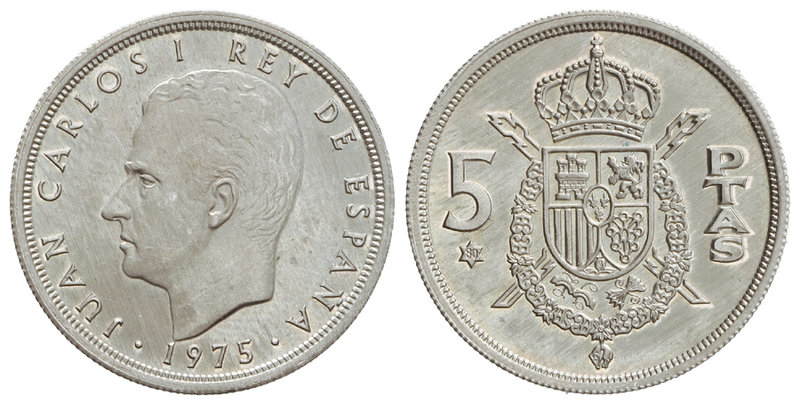 Juan Carlos I. 5 Pesetas. 1975 (*80). 6,50 grs. AR. ERROR: Acuñación en cospel d...