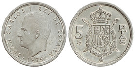 Juan Carlos I. 5 Pesetas. 1975 (*80). 6,50 grs. AR. ERROR: Acuñación en cospel de plata. JBM-39.3.2b. SC.