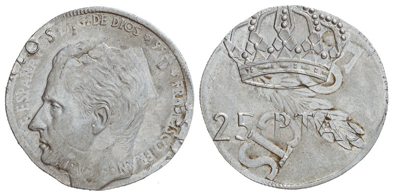 Juan Carlos I. 25 Pesetas. 1975. 0,97 grs. Al. ERROR: Acuñación en aluminio sobr...