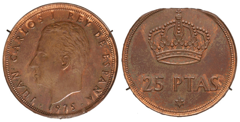 Juan Carlos I. Lote 2 monedas 25 Pesetas. 1975. 4,70 y 4,56 grs. AE. ERROR: Una ...