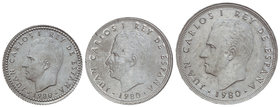 Juan Carlos I. Lote 3 monedas de 1, 5 y 25 Pesetas. 1980 (*80). AR. ERROR: Acuñación en cospel de aluminio. A EXAMINAR. JBM-8.3.2d, 40.3.2d, 77.3.2d. ...