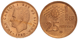 Juan Carlos I. 25 Pesetas. 1980 (*80). 7,70 grs. AE. ERROR: Acuñación en cospel de cobre. JBM-77.3.2c. SC.
