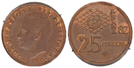 Juan Carlos I. 25 Pesetas. 1980 (*80). 9 grs. AE. ERROR: Acuñación en cospel de cobre. Canto virola. JBM-77.3.2c. SC.